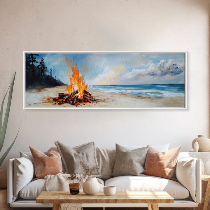 Beach Bonfire Glow Framed Canvas Print Coastal Sunset Wall Art Ocean Retreat Decor Vibrant Campfire Painting Summer Gift