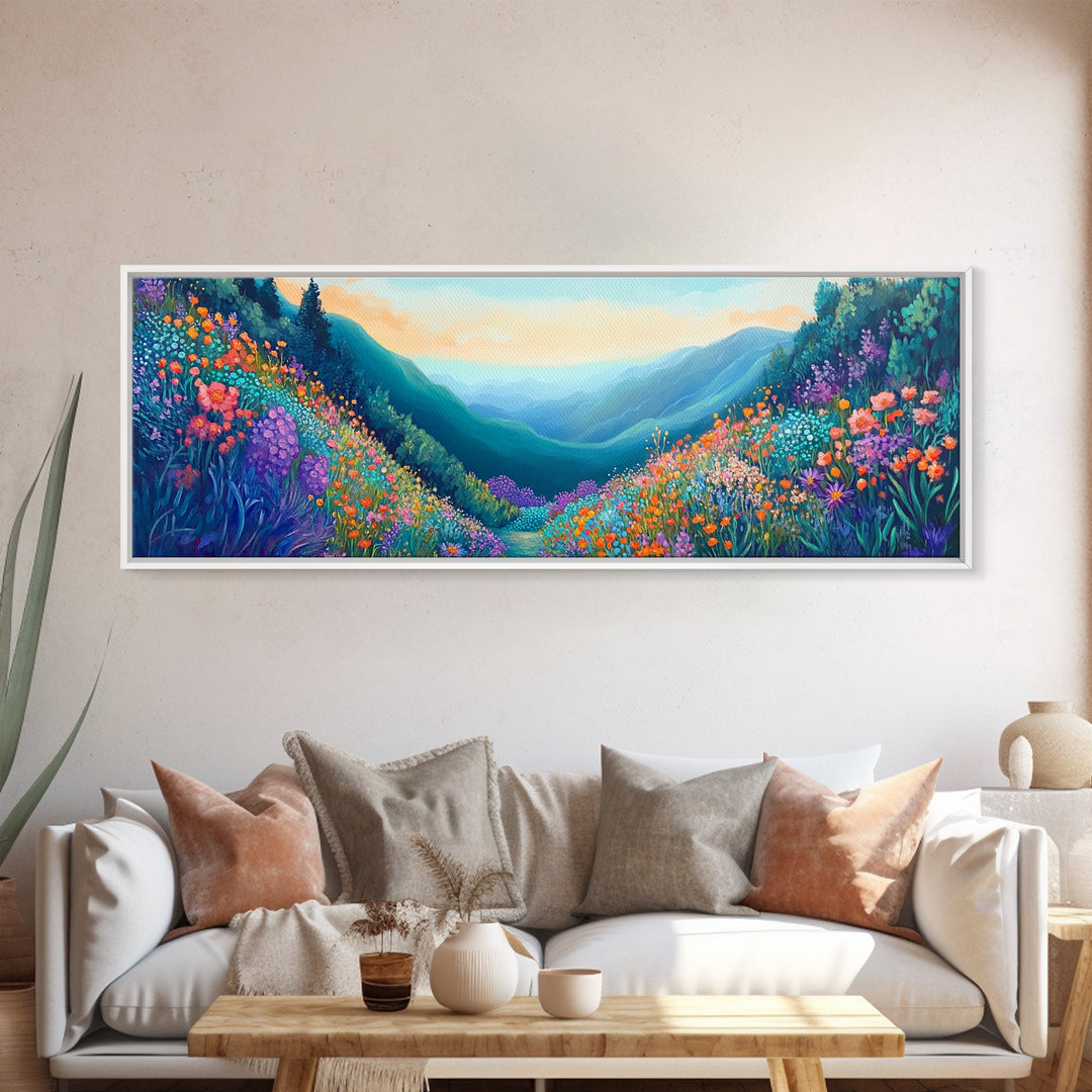 Mountain Wildflowers, Vibrant Landscape Art, Nature Painting, Cabin Wall Decor, Springtime Art, Living Room Print, Canvas Print