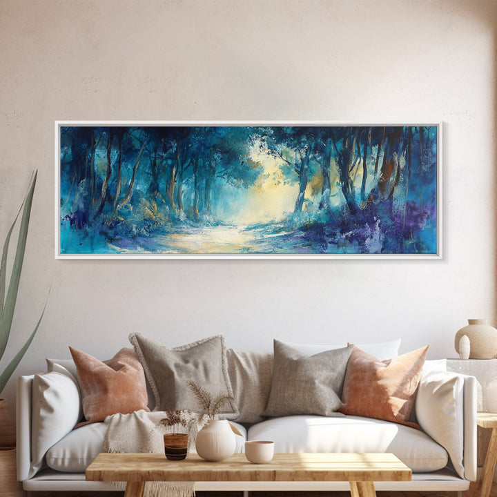 Mystical Forest, Blue Woodland Scene, Nature Art, Dark Forest Painting, Bedroom Wall Art, Canvas Print, Framed Canvas Print