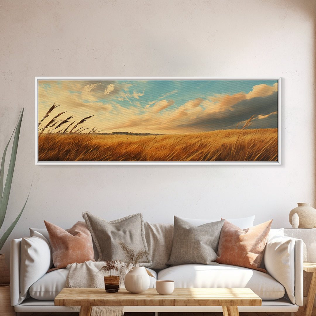 Golden Fields, Autumn Wind Art, Rustic Country Landscape, Farmhouse Home Decor, Living Room Art, Canvas Print, Framed Canvas Print