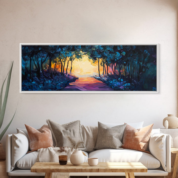 Enchanted Forest, Magical Nature Scene, Sunset Pathway Art, Mystical Landscape, Dreamy Wall Decor, Framed Canvas Print