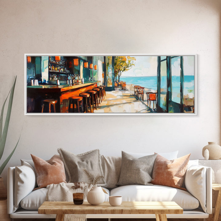 Coastal Beach Bar Framed Canvas Print Modern Seaside Cafe Painting, Coastal Kitchen Wall Art, Tropical Decor, Ocean View Artwork