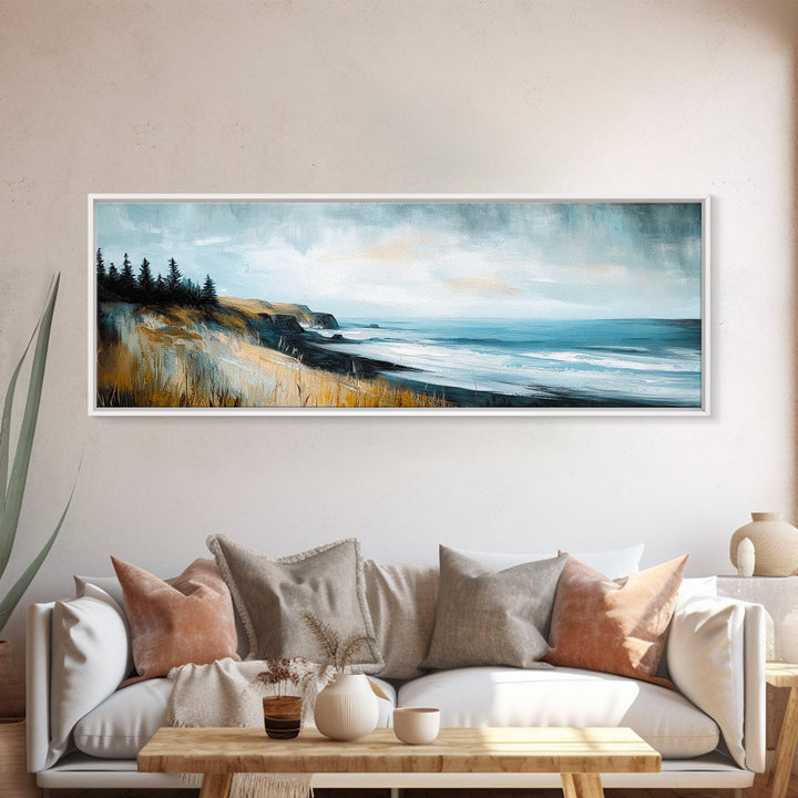 Coastal Cliff View Canvas Print Modern Landscape Painting, Minimalist Seascape Wall Art, Nature Theme Decor, Ocean View Artwork