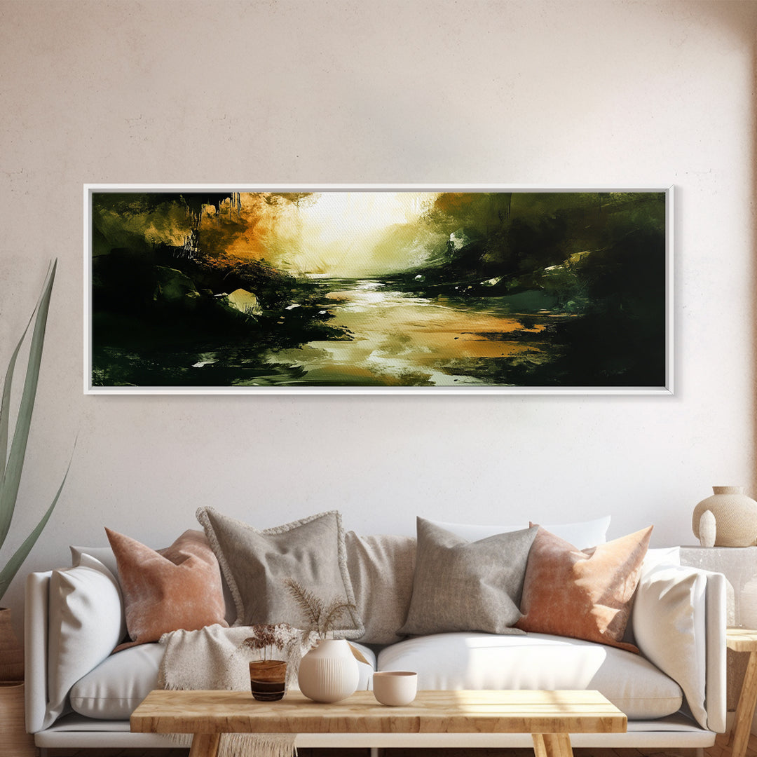 Dark Fantasy River Painting, Moody Abstract Landscape, Green and Gold Mystical Wall Art, Mysterious Hallway Decor, Framed Canvas Print