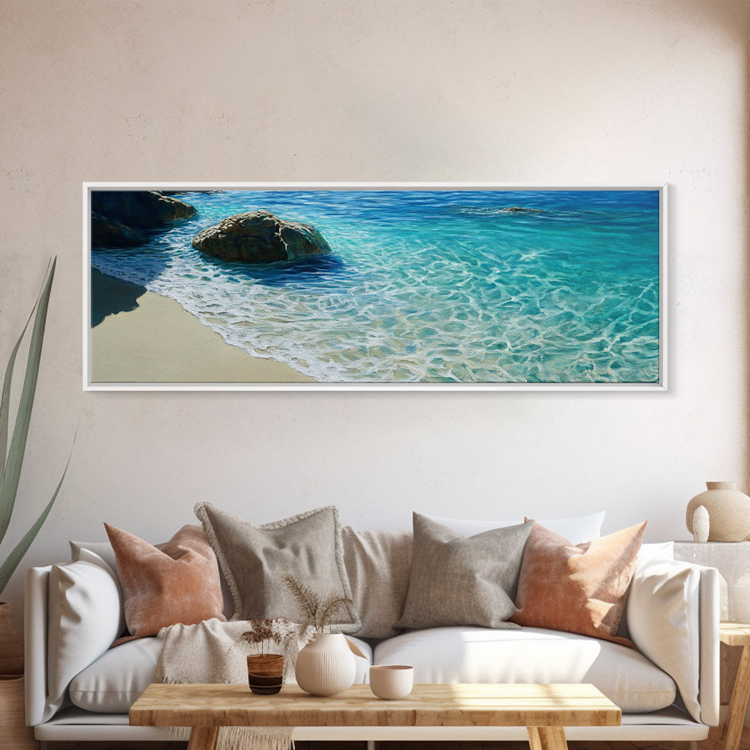 Ocean Shoreline Framed Canvas Print Coastal Beach Wall Art, Large Seascape Painting, Blue Sea Waves, Nautical Art, Bedroom Decor
