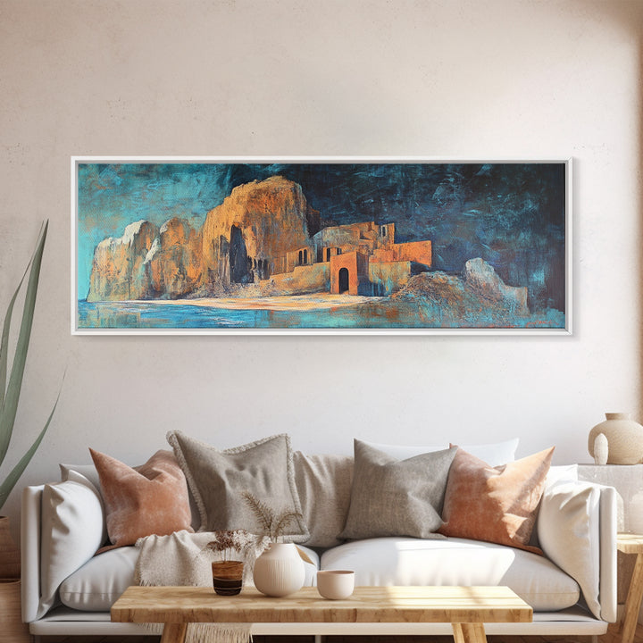 Ancient Ruins Canvas Print Rustic Landscape Wall Art, Mediterranean Decor, Boho Earthy Art, Dark Blue and Orange, Living Room Artwork