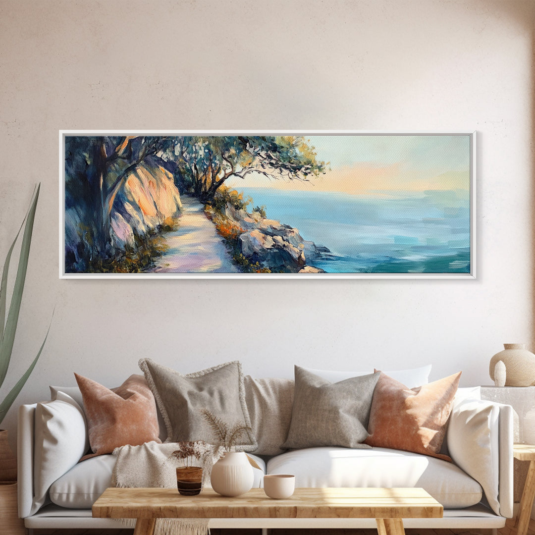 Coastal Cliff Walk Framed Canvas Print Serene Beach Pathway Painting, Sunset Seaside Art, Nature Landscape, Relaxing Home Wall Decor
