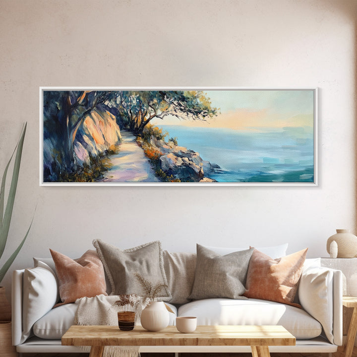 Coastal Cliff Walk Framed Canvas Print Serene Beach Pathway Painting, Sunset Seaside Art, Nature Landscape, Relaxing Home Wall Decor
