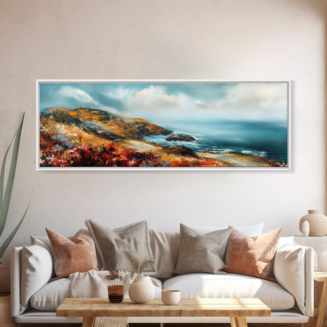 Coastal Cliffside Painting, Vibrant Seaside Landscape, Ocean Beach Art, Modern Nautical Wall Decor, Contemporary Bedroom Accent