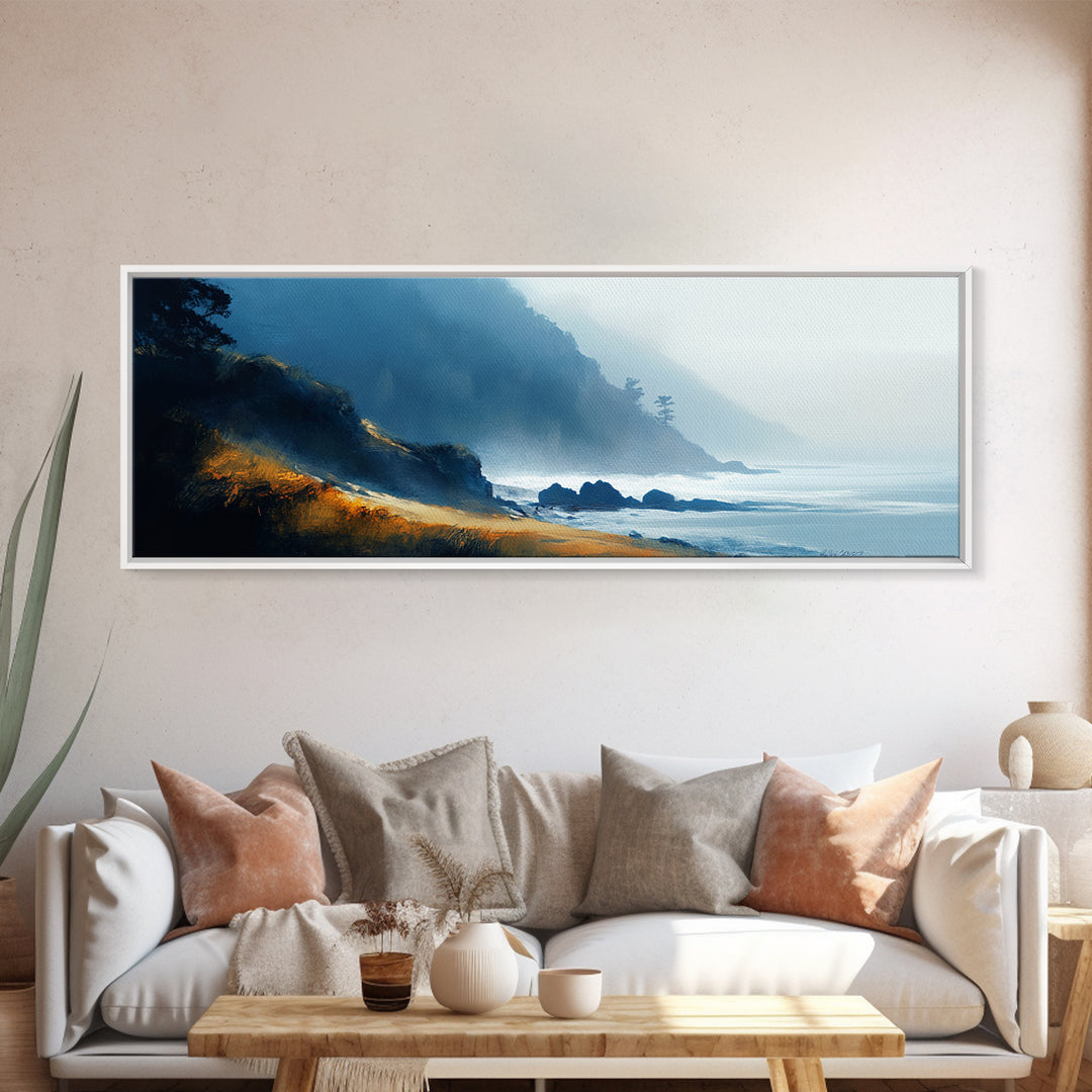 Dramatic Coastline Canvas Print Moody Seaside Painting, Stormy Ocean Landscape, Dark Blue Beach Wall Art, Living Room Decor