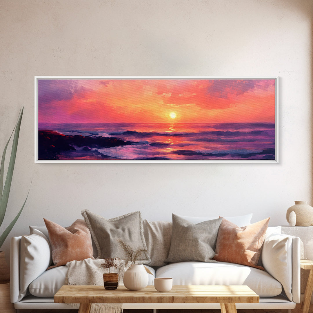 Ocean Sunset Framed Canvas Print, Pink Sky Seascape, Coastal Landscape Wall Art, Beach House Decor, Relaxing Home Aesthetic