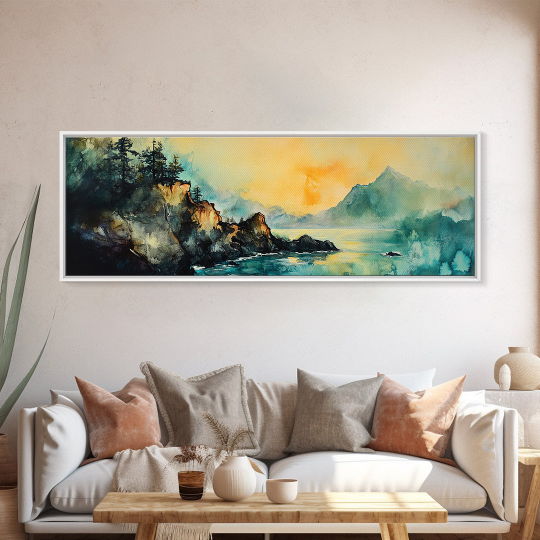Coastal Cliff Sunset Canvas Print Atmospheric Nature Wall Art, Golden Hour Landscape, Relaxing Bedroom or Living Room Decor, Gift Idea