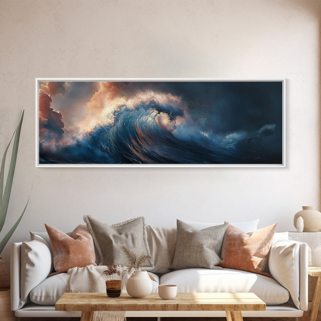 Dramatic Ocean Wave Framed Canvas Print Moody Seascape Wall Art, Deep Blue Stormy Sea Decor, Statement Living Room or Office Art