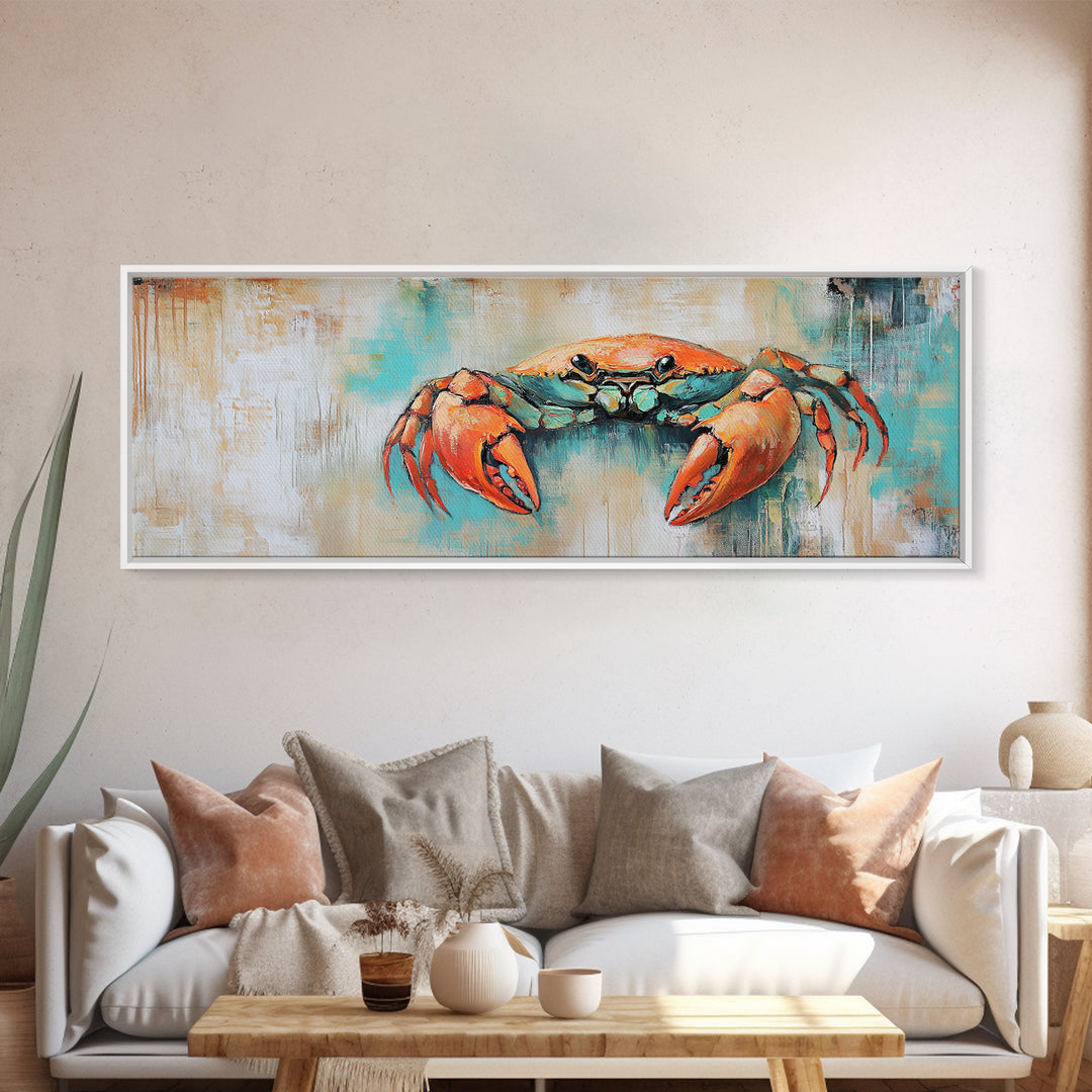 Rustic Crab Art Framed Canvas Print Coastal Nautical Wall Decor, Beach House Kitchen Art, Textured Ocean Painting, Living Room Accent