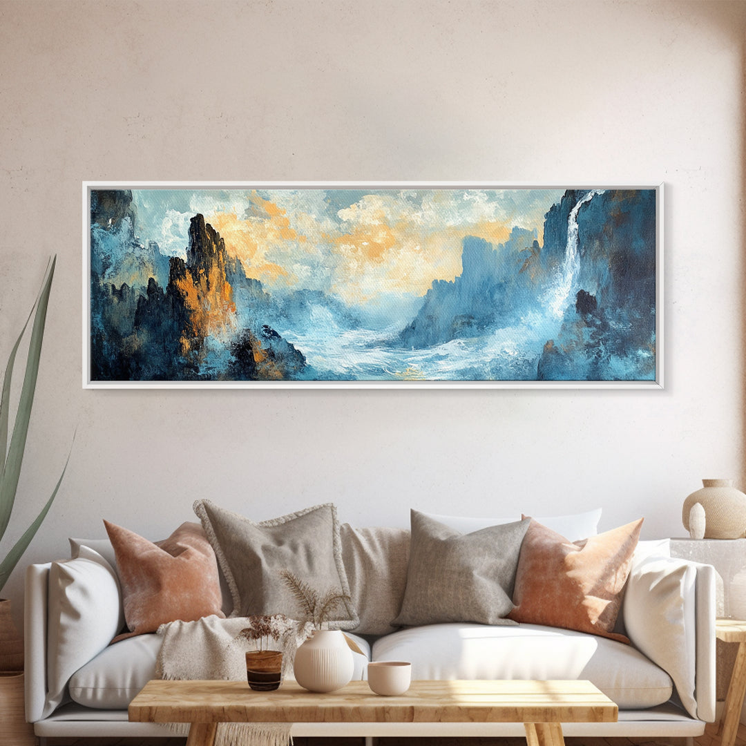 Abstract Mountain Waterfall Wall Art, Moody Landscape Painting, Modern Nature Art, Statement Artwork, Office Wall Decor