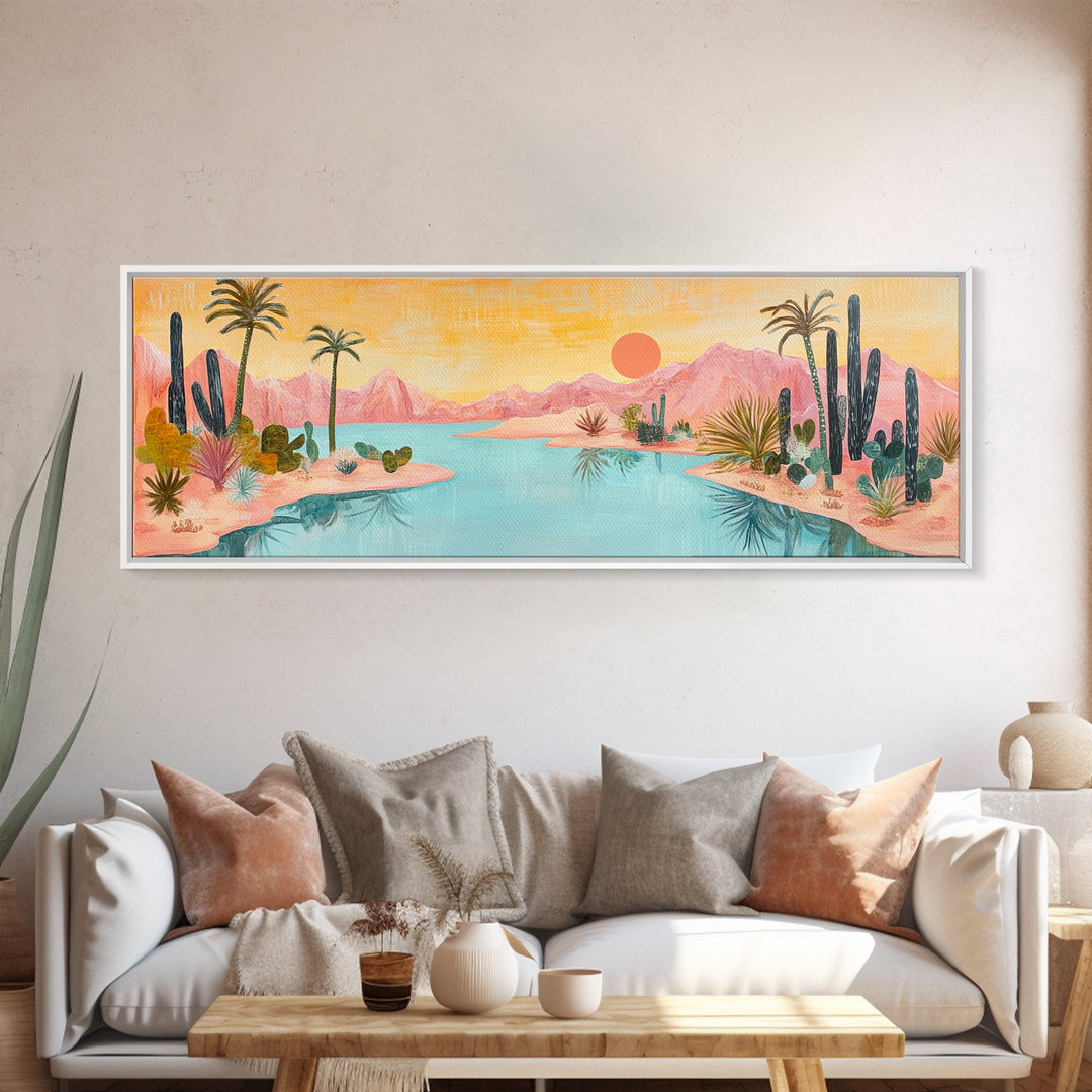 Desert Oasis Landscape Wall Art, Cactus and Palm Trees Painting, Boho Sunset Artwork, Southwest Home Decor, Warm Pink Art