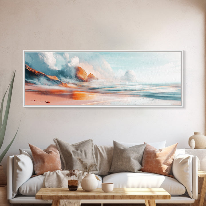 Ocean Wave Sunset Wall Art, Beach Coastal Painting, Serene Seascape Artwork, Relaxing Nautical Decor, Modern Home Accent