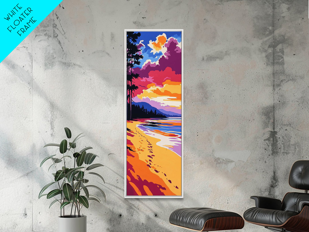 Ocean Shore, Sunset Beach, Serene Coastal Art, Footprints in Sand, Vibrant Seaside Print, Modern Beach House Decor, Framed Canvas Print