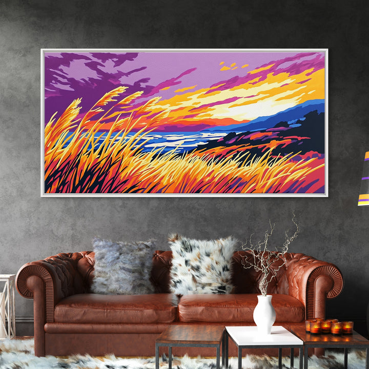 Ocean Sunset Grass, Framed Canvas Print, Coastal Wall Art, Vibrant Nature Painting, Boho Landscape, Beach House Decor, Living Room Art