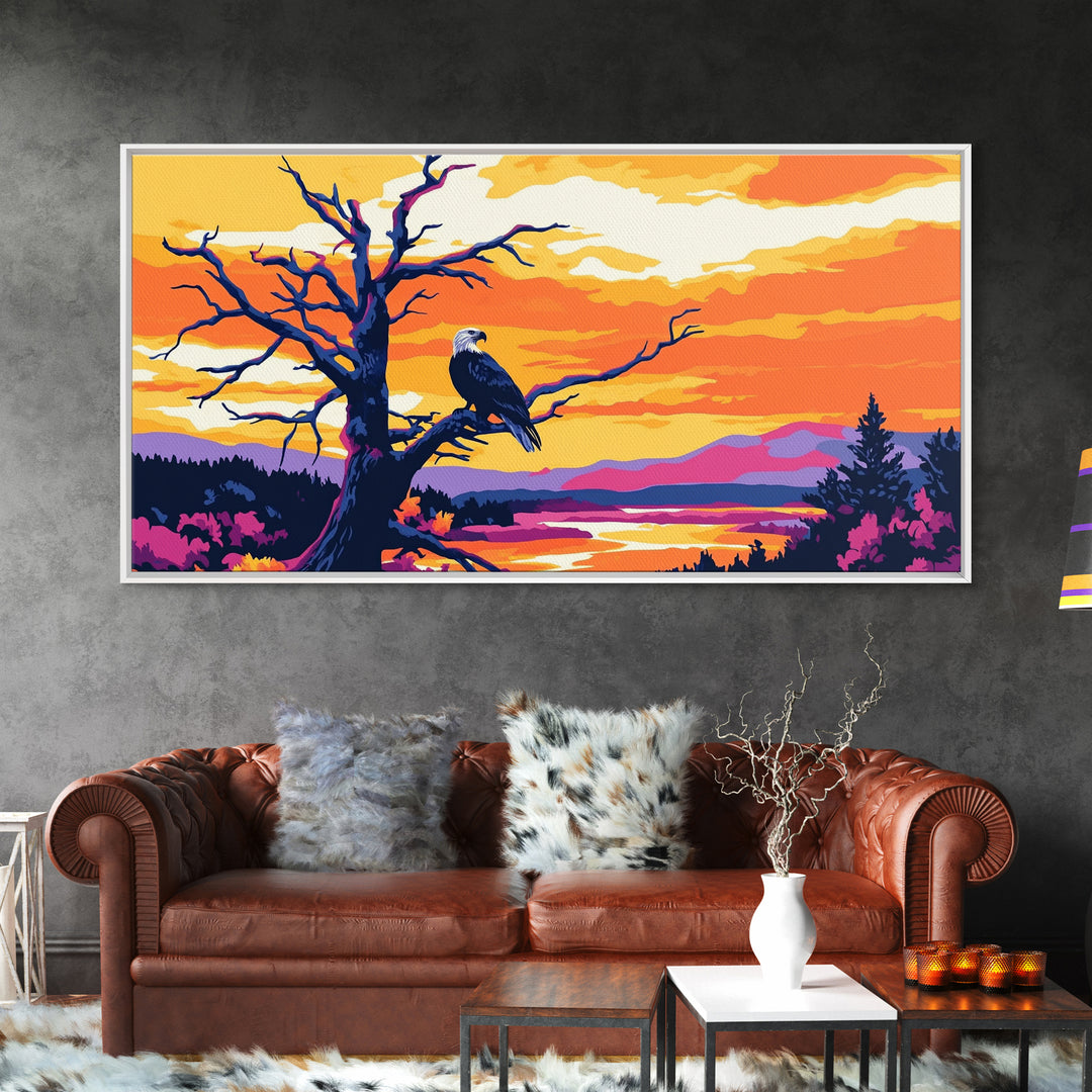 Bald Eagle Sunset, Canvas Print, Wildlife Wall Art, Vibrant Nature Painting, Rustic Decor, Patriotic Home Art, Office Wall Decor