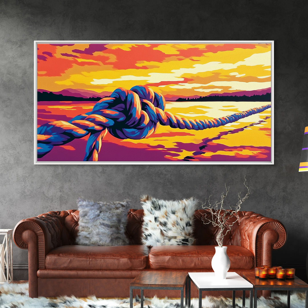 Nautical Rope, Sunset Over Water, Canvas Print, Coastal Wall Art, Beach House Decor, Ocean View, Vibrant Summer Scene, Boho Style