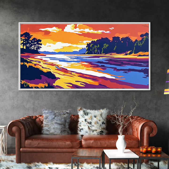 Ocean Shore, Sunset Glow, Coastal Serenity, Framed Canvas Print, Beach House Wall Art, Nautical Decor, Vibrant Seascape Painting