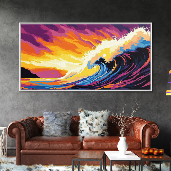 Ocean Wave, Sunset Horizon, Coastal Painting, Seascape Art, Framed Canvas Print, Beach House Wall Decor, Surfer Aesthetic Home Art