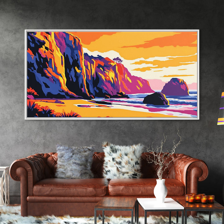 Ocean Cliffs, Coastal Sunset Art, Vibrant Seascape Painting, Beach Wall Decor, Framed Canvas Print, Nautical Home Design, Office Art