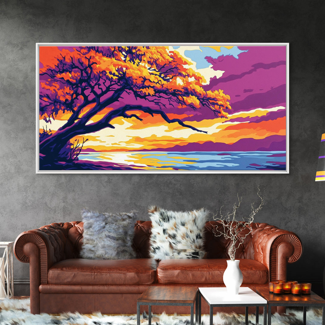 Majestic Tree, Lakeside Sunset, Vibrant Nature Art, Canvas Print, Modern Boho Decor, Living Room Wall Art, Autumn Landscape Painting