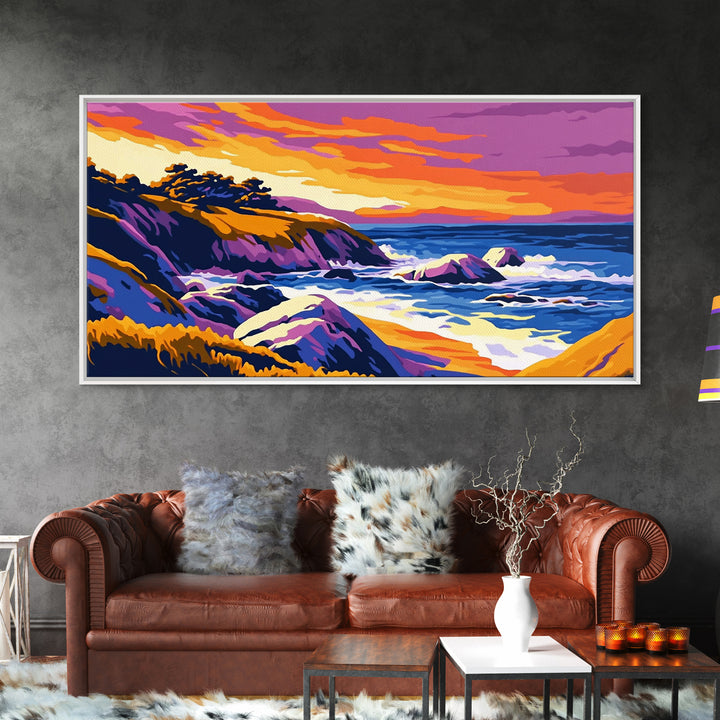Ocean Sunset, Rolling Waves, Coastal Painting, Colorful Seascape, Nautical Wall Art, Beach House, Bedroom, Framed Canvas Print