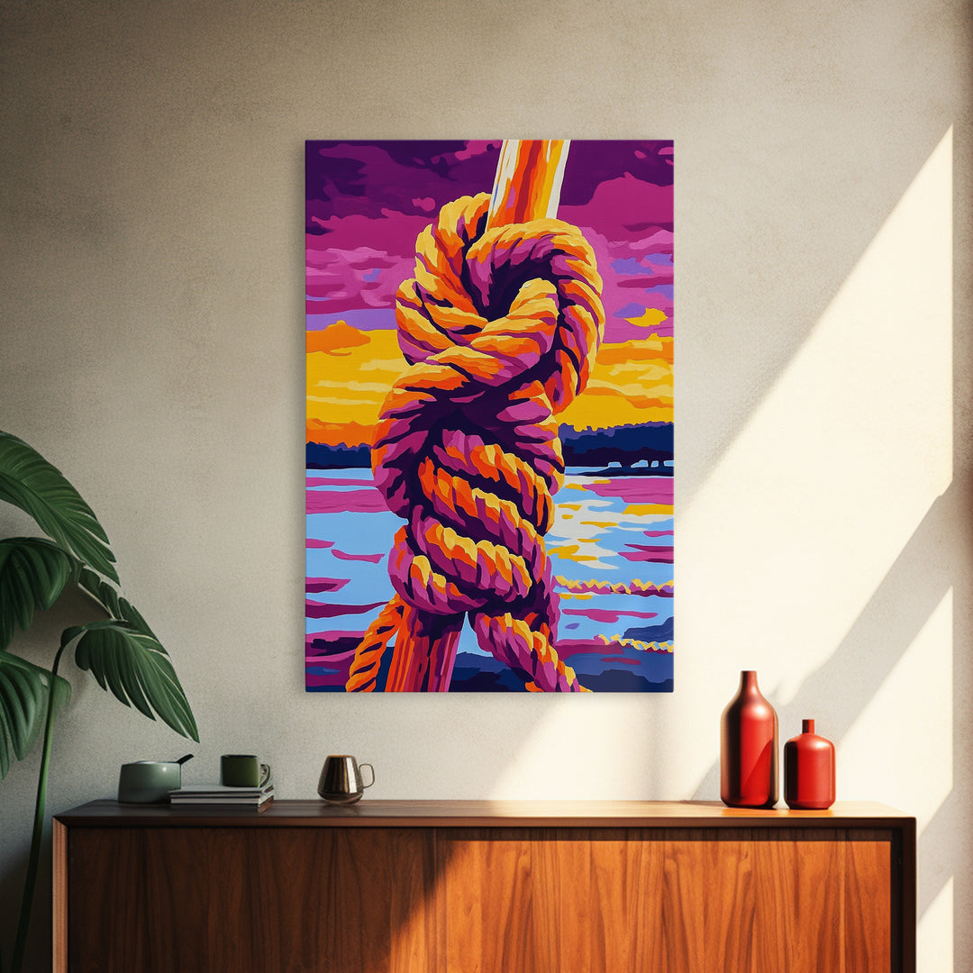 Nautical Knot, Coastal Wall Art, Sunset Over Water, Rustic Rope Art, Framed Canvas Print, Lake House Decor, Nautical Home Accent