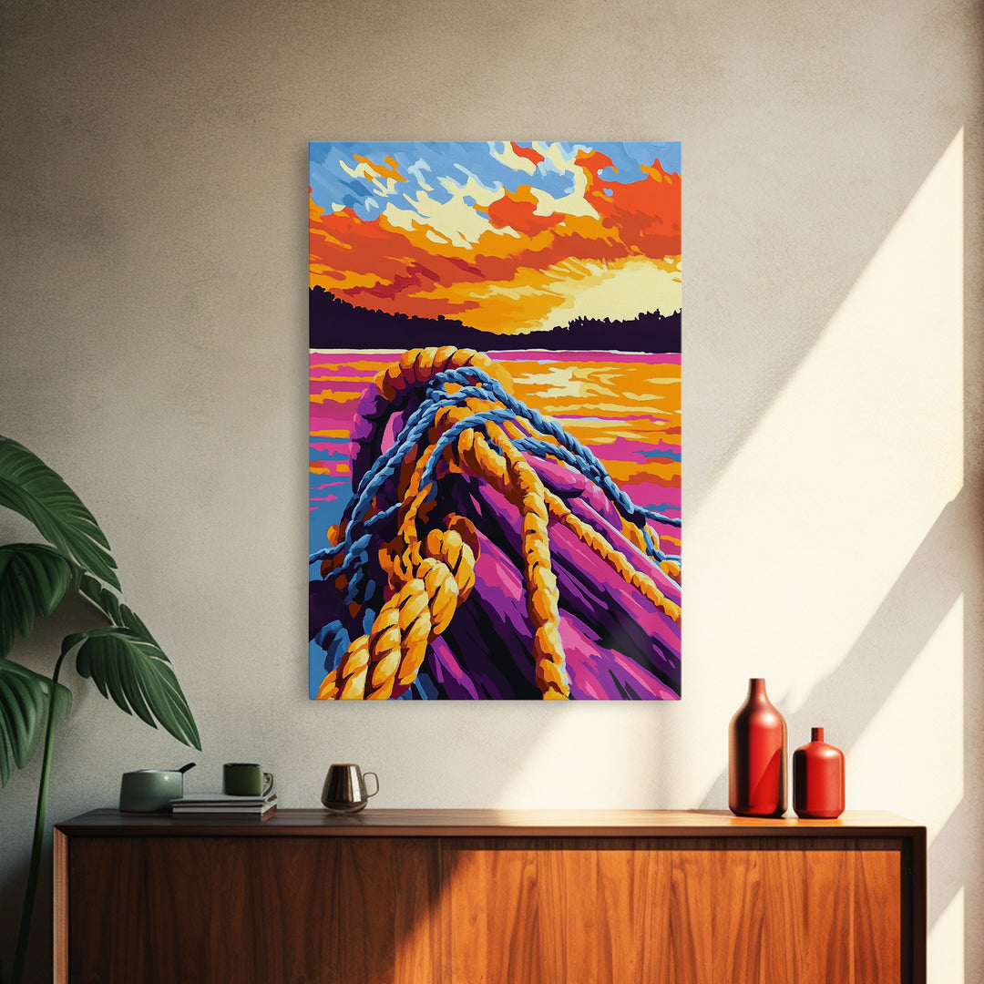 Nautical Rope, Sunset Water, Coastal Art, Canvas Print, Ocean Decor, Vibrant Wall Art, Beach House Decor, Bedroom Wall Art