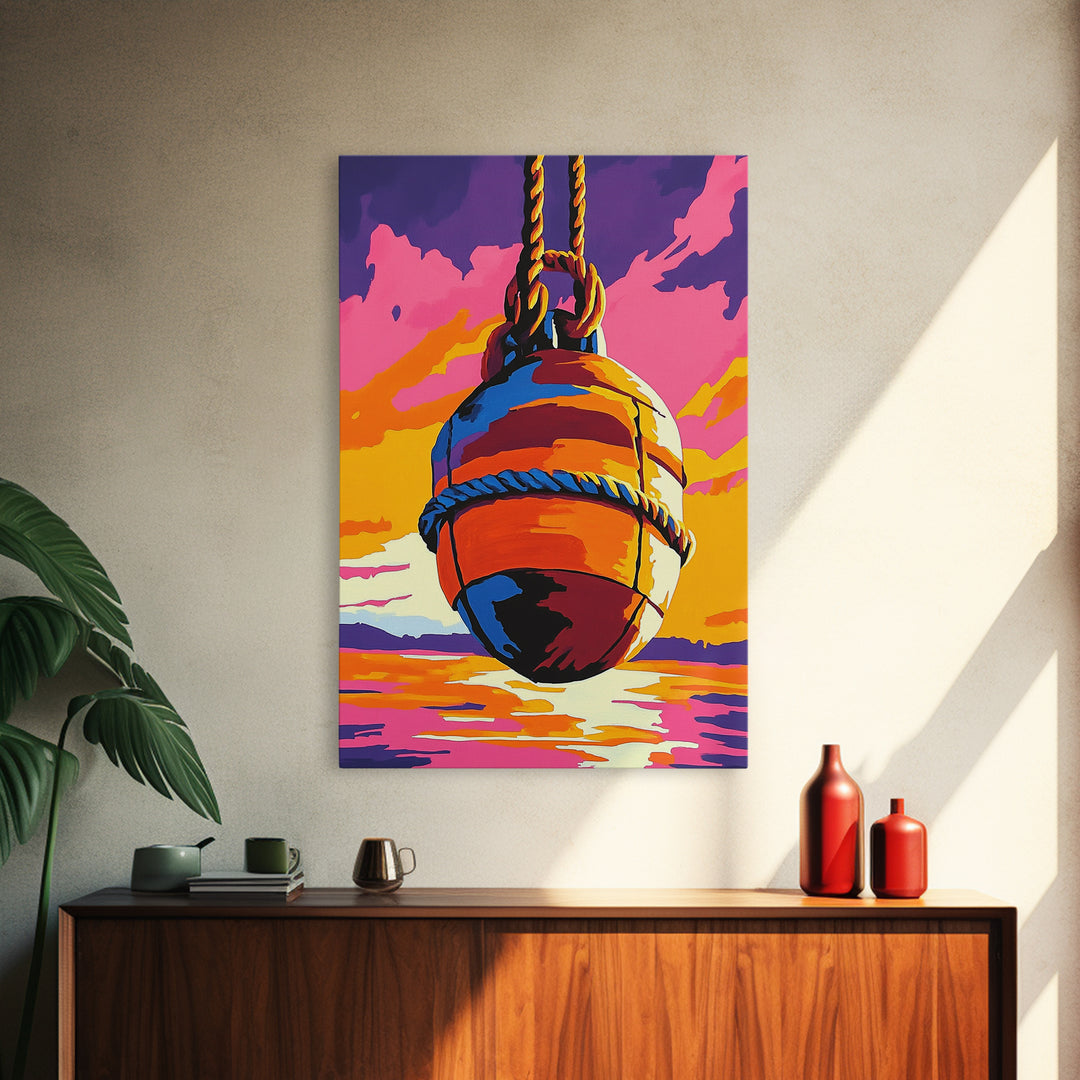 Nautical Buoy, Ocean Sunset, Coastal Art, Framed Canvas Print, Beach Wall Art, Vibrant Home Decor, Seaside Painting, Boat House Artwork