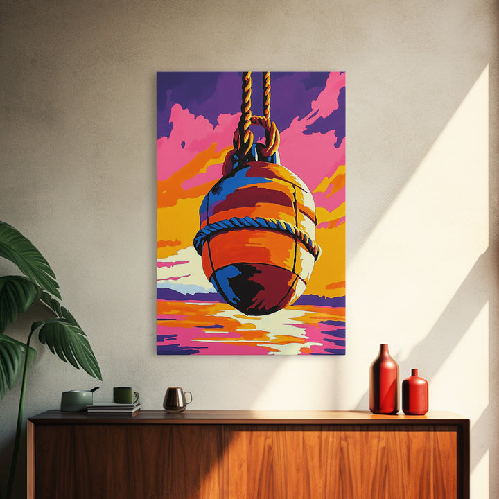 Nautical Buoy, Ocean Sunset, Coastal Art, Framed Canvas Print, Beach Wall Art, Vibrant Home Decor, Seaside Painting, Boat House Artwork