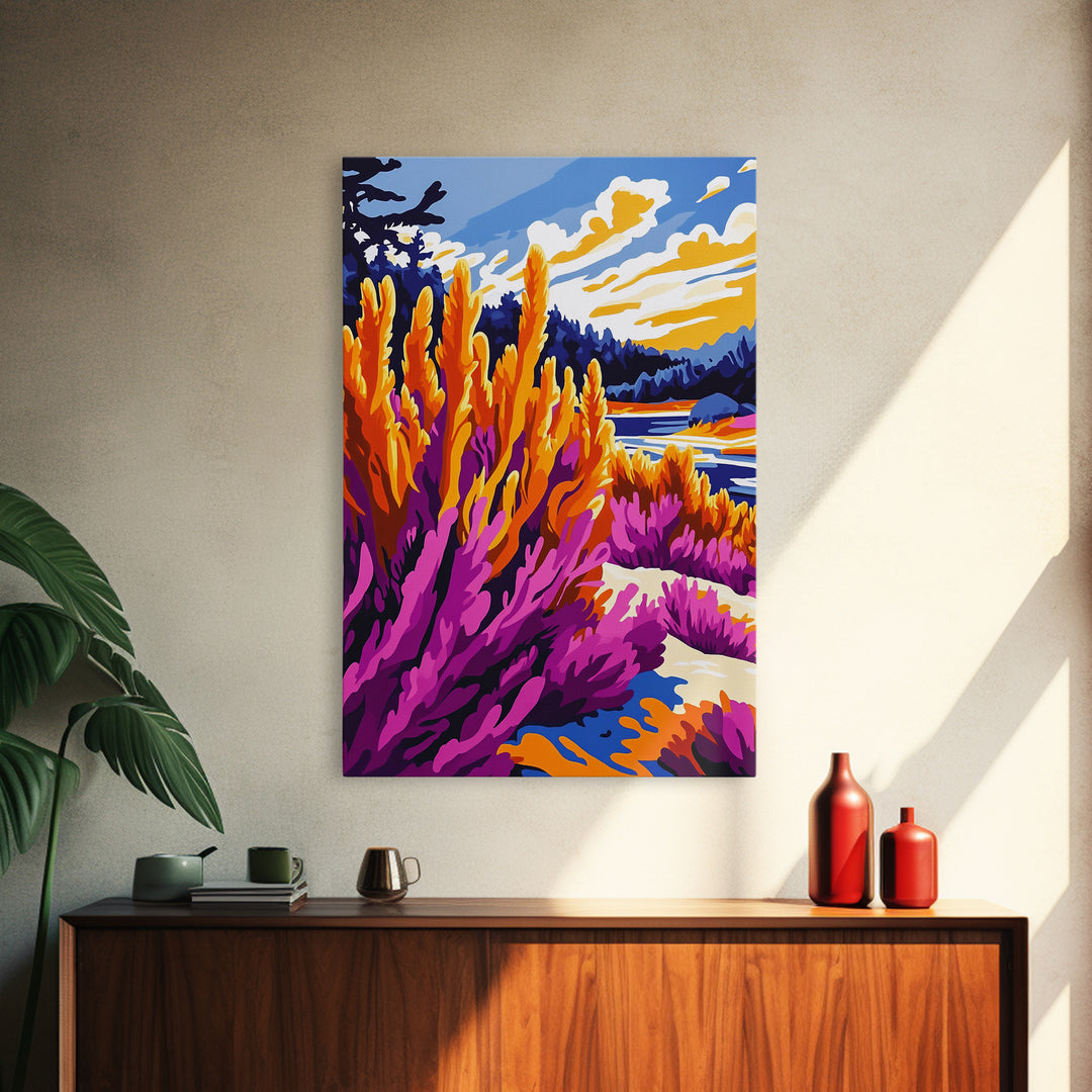 Mountain Wildflower Art, Scenic Landscape Print, Vibrant Nature Painting, Rustic Outdoor Decor, Framed Canvas Print, Boho Cabin Wall Art