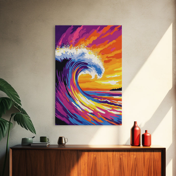 Ocean Wave, Splash, Power, Sunset, Framed Canvas Print, Coastal Decor, Surf Art, Beach House Wall Art, Nautical Theme, Vibrant Blue