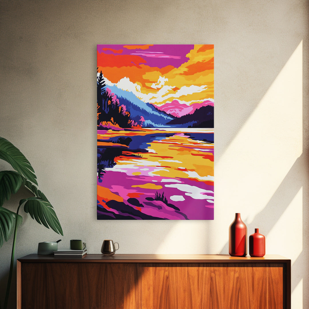 River Valley, Sunset Landscape, Colorful Art, Framed Canvas Print, Nature Wall Decor, Cozy Home Aesthetic, Warm Tones, Rustic Painting