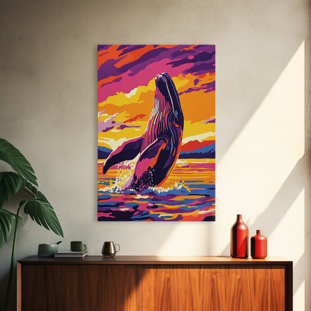 Breaching Whale, Ocean Wildlife Art, Nautical Home Decor, Coastal Sunset Art, Framed Canvas Print, Living Room Wall Art, Marine Painting