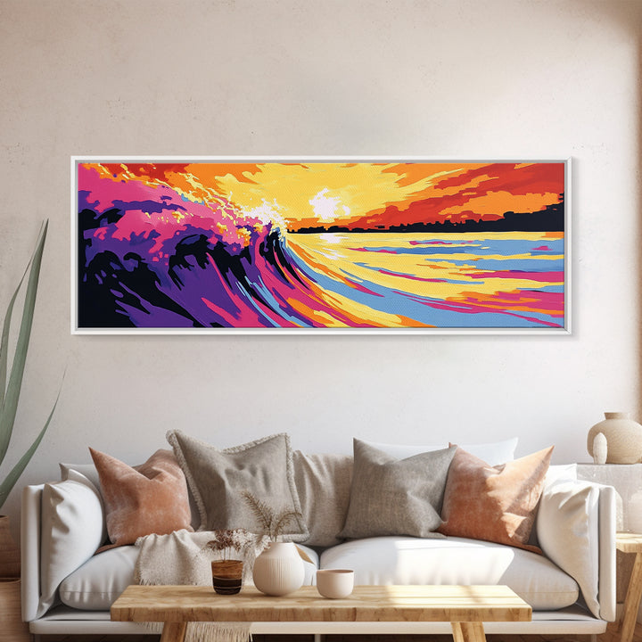 Ocean Wave, Sunset Surf, Coastal Seascape, Vibrant Beach Art, Framed Canvas Print, Surfing Wall Art, Nautical Decor, Beach House Artwork
