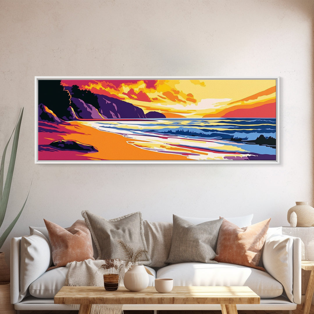 Ocean Shore, Vibrant Sunset, Golden Beach, Coastal Landscape, Canvas Print, Beach House Decor, Nautical Wall Art, Relaxing Aesthetic