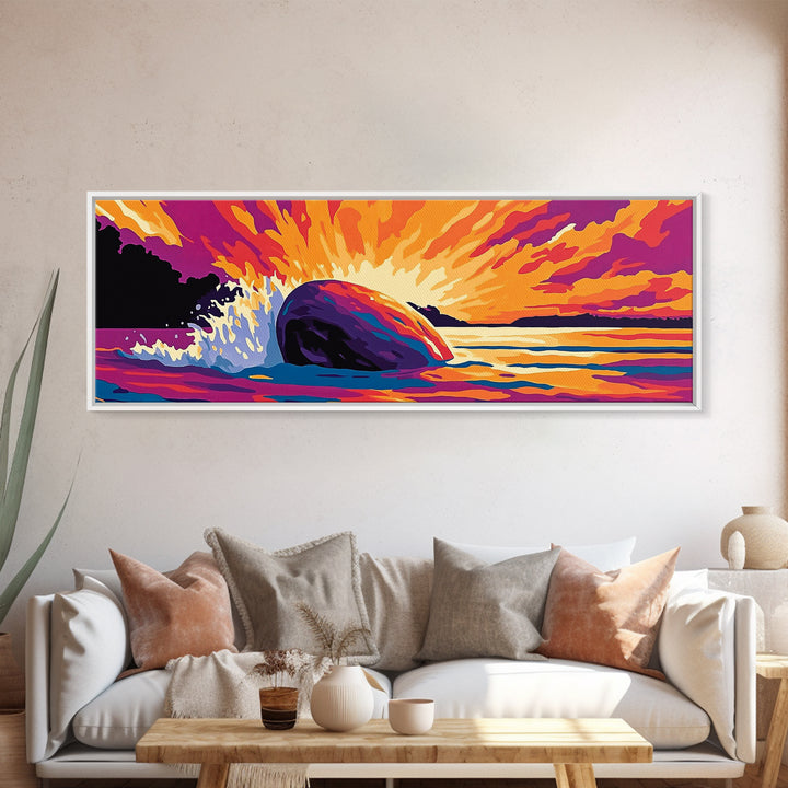 Ocean Splash, Vibrant Sunset, Coastal Energy, Bold Colors, Framed Canvas Print, Nautical Wall Art, Living Room Art, Dynamic Seascape