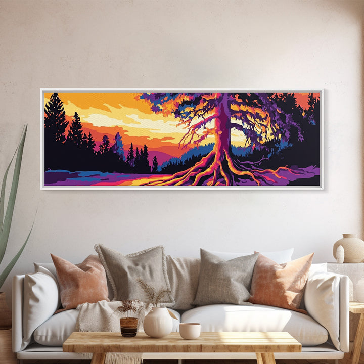 Vibrant Tree, Sunset Art, Framed Canvas Print, Nature Wall Decor, Psychedelic Art, Boho Landscape, Large Wall Art, Office Decor