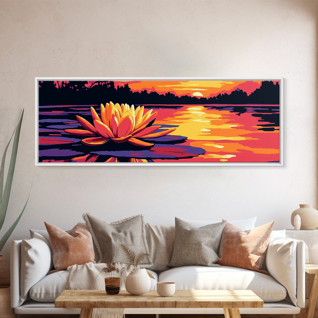 Water Lily, Tranquil Lake, Framed Canvas Print, Serene Nature Art, Zen Wall Decor, Sunset Reflection, Large Artwork, Bathroom Wall Art