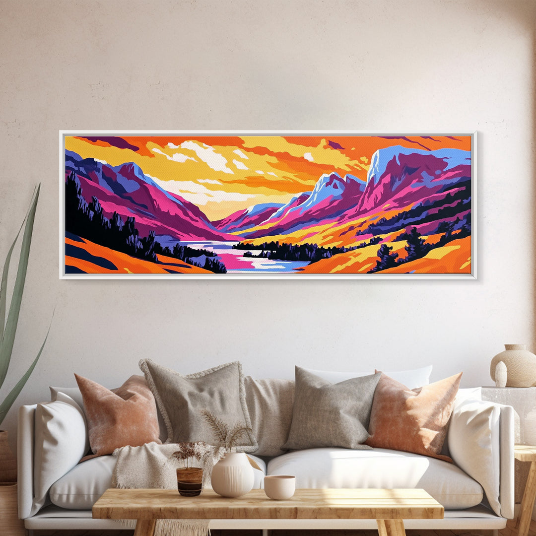 Sunset Valley, Majestic Peaks, Vibrant Nature, Framed Canvas Print, Outdoor Wall Art, Bohemian Landscape, Living Room Decor, Wanderlust