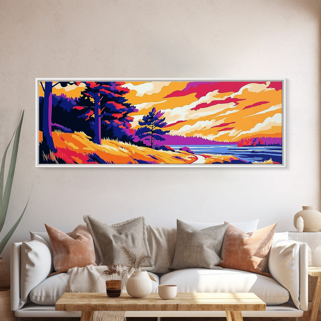Pine Forest, Riverbank Glow, Scenic Sunset, Canvas Print, Rustic Nature Wall Art, Cabin Decor, Living Room Artwork, Tranquil Retreat