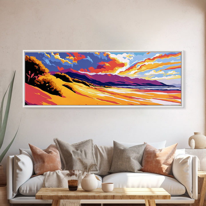 Golden Dunes, Mountain Backdrop, Vibrant Sunset, Framed Canvas Print, Boho Earthy Art, Modern Living Room Decor, Southwest Aesthetic