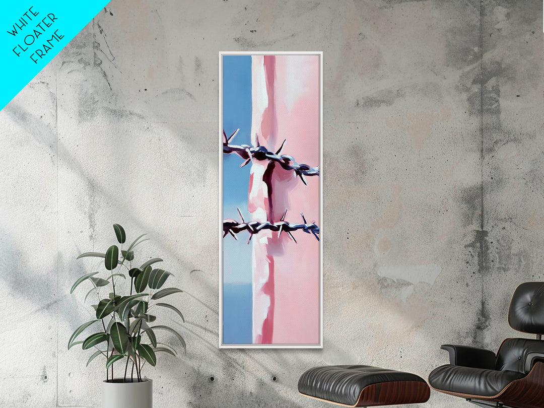 Barbed Wire Closeup, Modern Western, Pink and Blue Art, Framed Canvas Print, Minimalist Wall Art, Rustic Decor, Entryway Wall Art