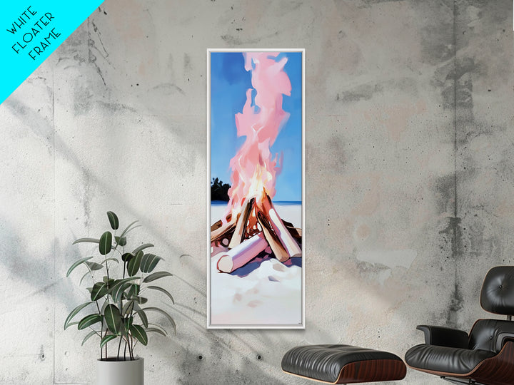 Bonfire Glow, Beach Campfire, Pink Flame Art, Framed Canvas Print, Coastal Decor, Warm Aesthetic, Living Room or Bedroom Wall Art