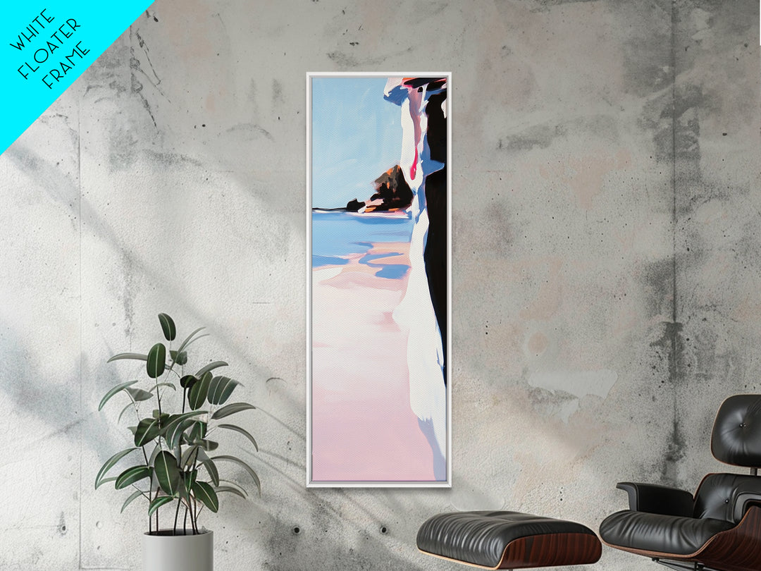 Cliffside Beach, Ocean View, Tranquil Seascape, Modern Coastal Decor, Nature-Inspired Art, Sunset Glow, Framed Canvas Print