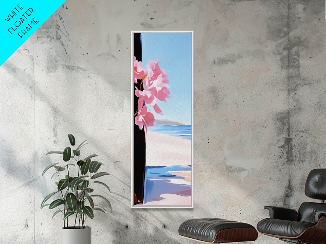 Blossom Beach, Floral Coastal Art, Pink and Blue Decor, Modern Seascape, Romantic Spring Aesthetic, Dreamy Nature Scene, Canvas Print